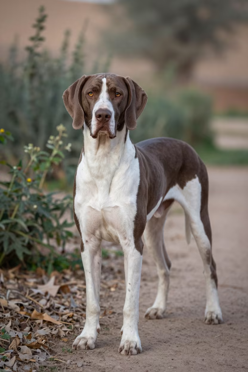 Bracco Italiano Portrait Morning Light Garden in near a garden edge with soft morning light and an uncluttered background in Ksar el-Kebir