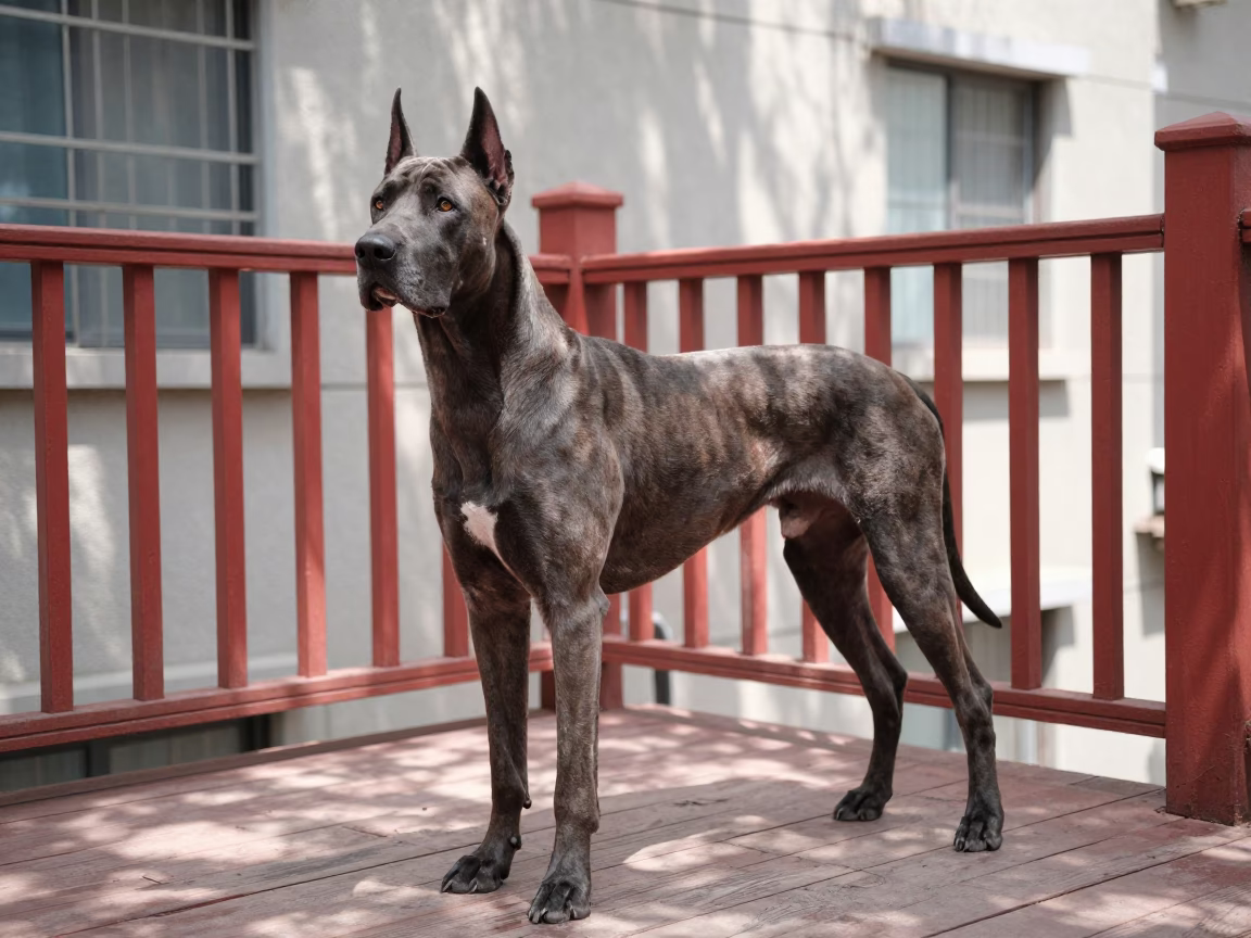 Bracco Italiano Portrait on Shaded Zhengzhou Porch in on a shaded front porch with boards, railings, and eye-level framing near Zhengzhou