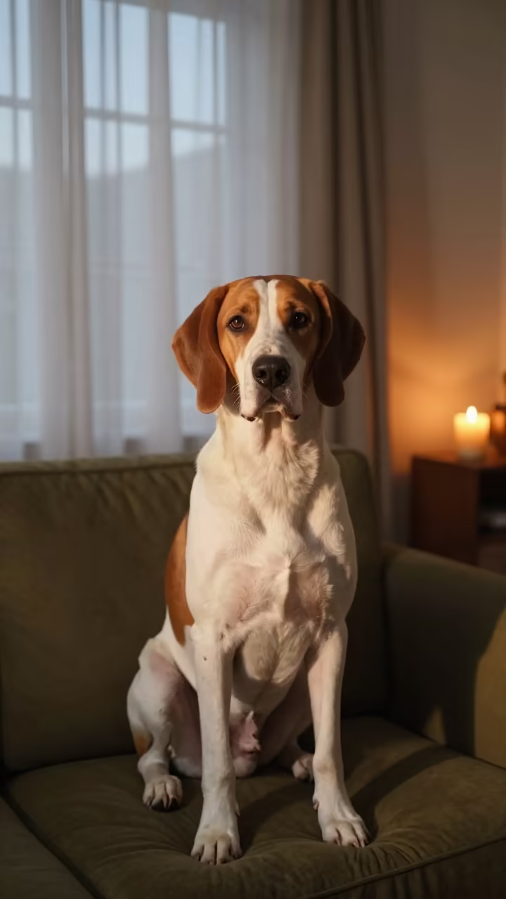 Bracco Italiano Portrait on Sofa Near Kobe Window in on a sofa near a curtained window with calm indoor light near Kobe