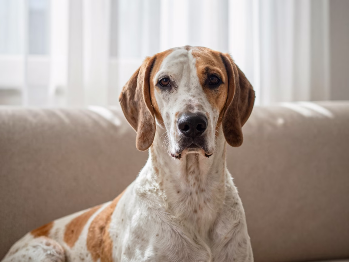 Bracco Italiano Portrait on Sofa Near Window in on a sofa near a curtained window with calm indoor light near Groningen