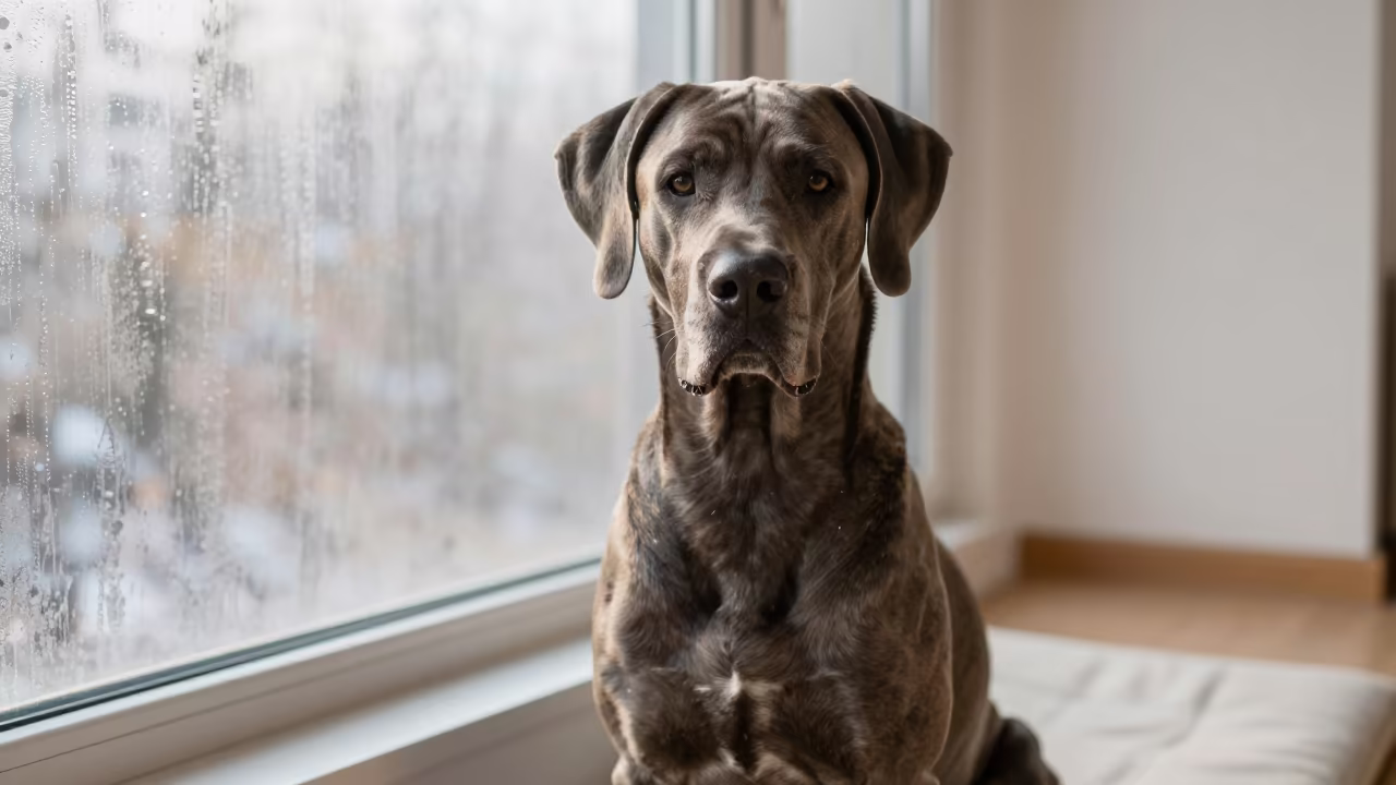 Bracco Italiano Portrait on Window Seat in on a cushioned window seat with soft side light and an uncluttered background near Nanchang