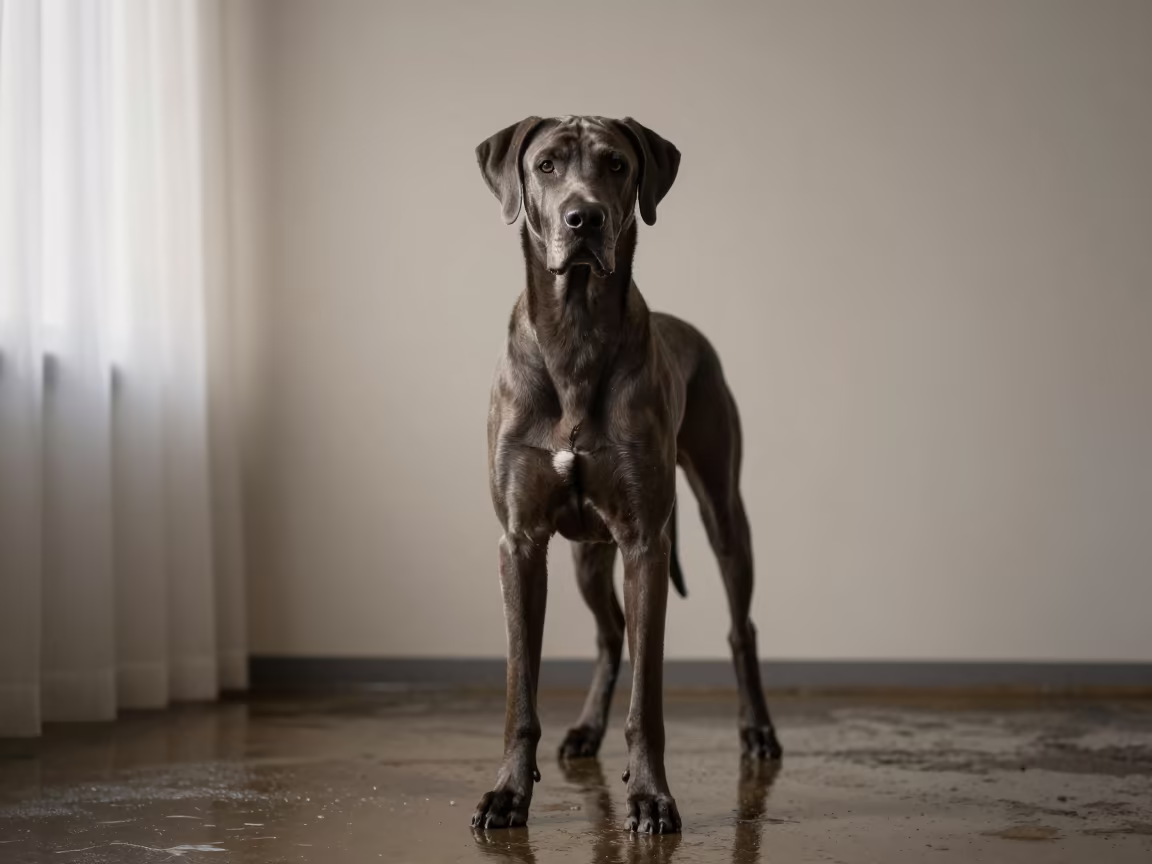 Bracco Italiano Portrait Soft Indoor Light in beside a plain plaster wall in soft indoor light with the animal centered in frame near Santa Marta