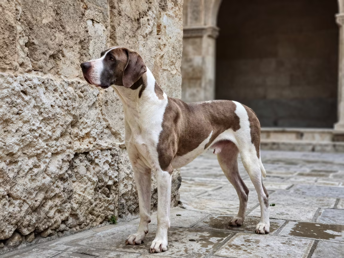 Bracco Italiano Resting Beside Courtyard Wall in beside a plain courtyard wall in clear daylight with the animal at eye level in Diyarbakir