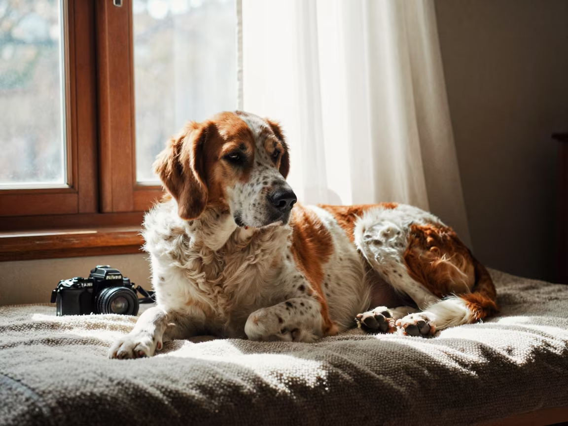 Bracco Italiano Resting on Bedspread Near Window in on a bedspread near a bright window with calm indoor light in Arequipa