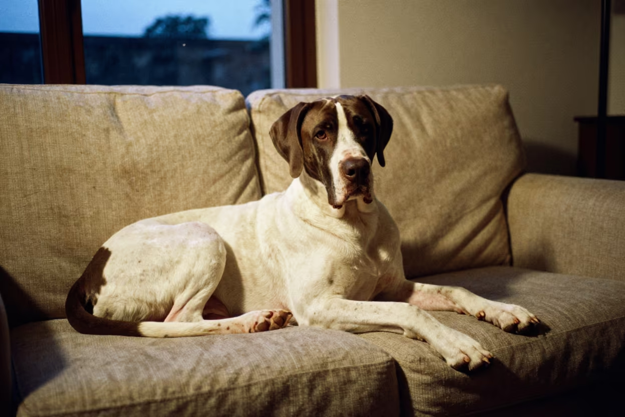 Bracco Italiano Resting on Linen Sofa in Predawn Light in on a linen sofa with daylight from a nearby window in Palermo Hollywood, Buenos Aires