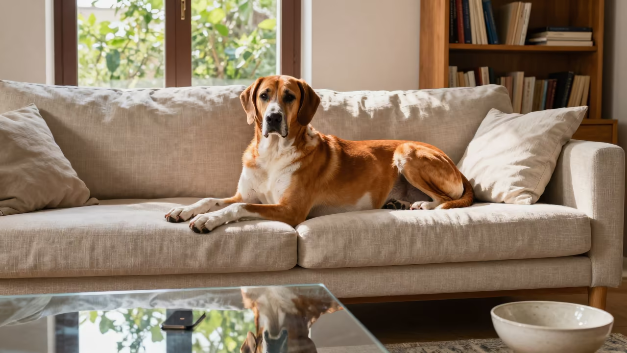 Bracco Italiano Resting on Linen Sofa in Vicenza in on a linen sofa with daylight from a nearby window in Vicenza