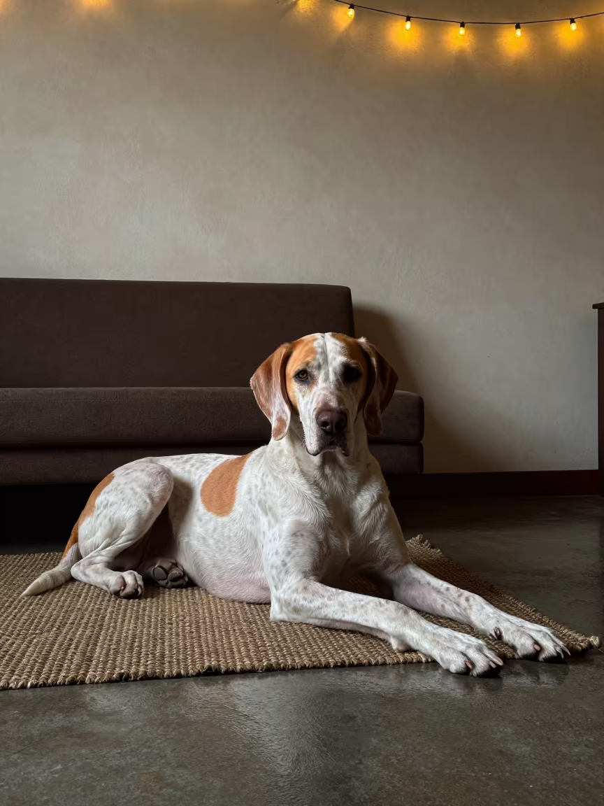 Bracco Italiano Resting on Woven Rug Midnight in on a woven rug beside a low couch and an uncluttered wall in Guanajuato