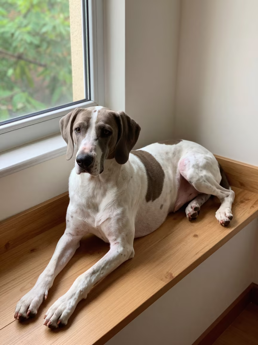 Bracco Italiano Resting on Wuhan Window Seat in on a window seat in a quiet apartment with soft side light in Wuhan