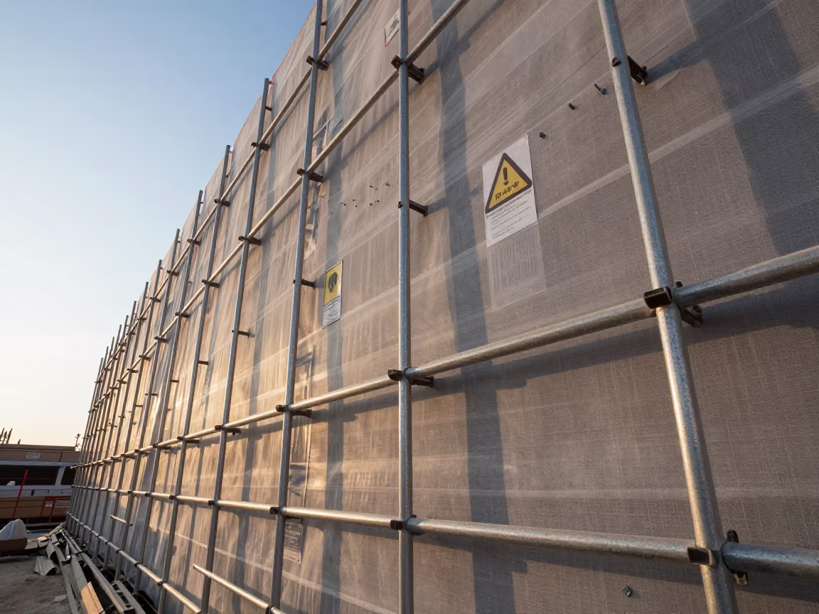 Brace Rack on Scaffolded Facade at Sunset in along a scaffolded facade near San Jose