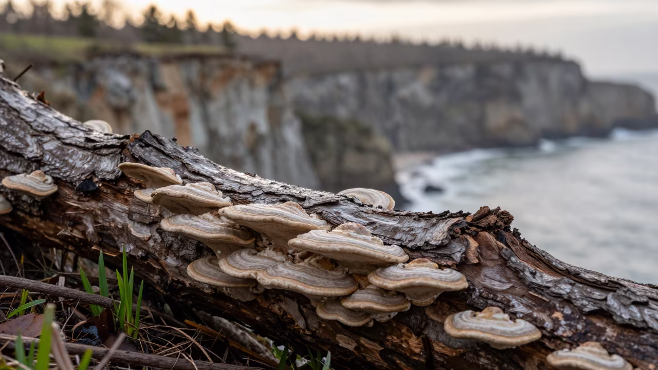 Bracket Fungus on Fallen Oak Near Cliff in along a salt-sprayed cliff edge in Piedmont