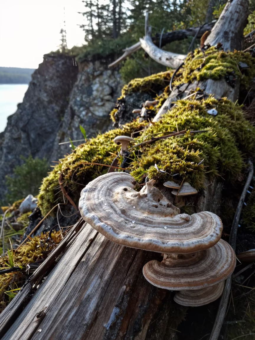 Bracket Fungus on Fallen Oak Near Harbin Cliff in along a salt-sprayed cliff edge near Harbin