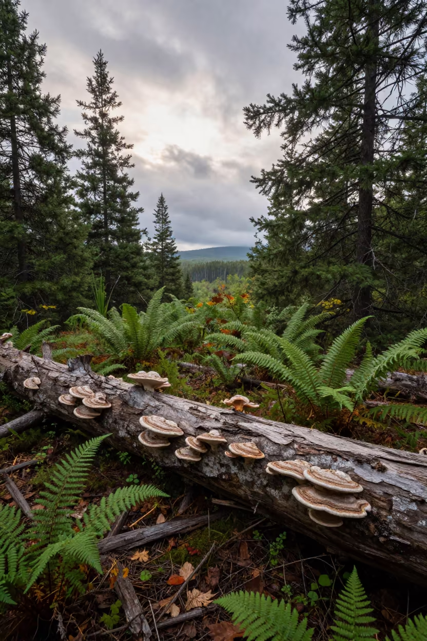 Bracket Fungus on Fallen Oak in Minnesota Forest in on a fern-lined forest floor in Minnesota