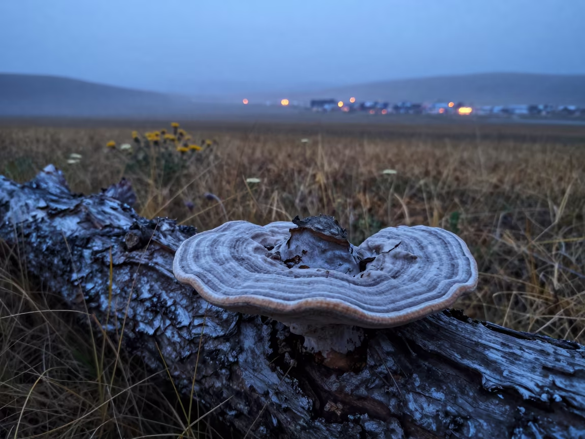 Bracket Fungus on Fallen Oak in Mongolian Meadow in in a bloom-heavy meadow in Mongolia