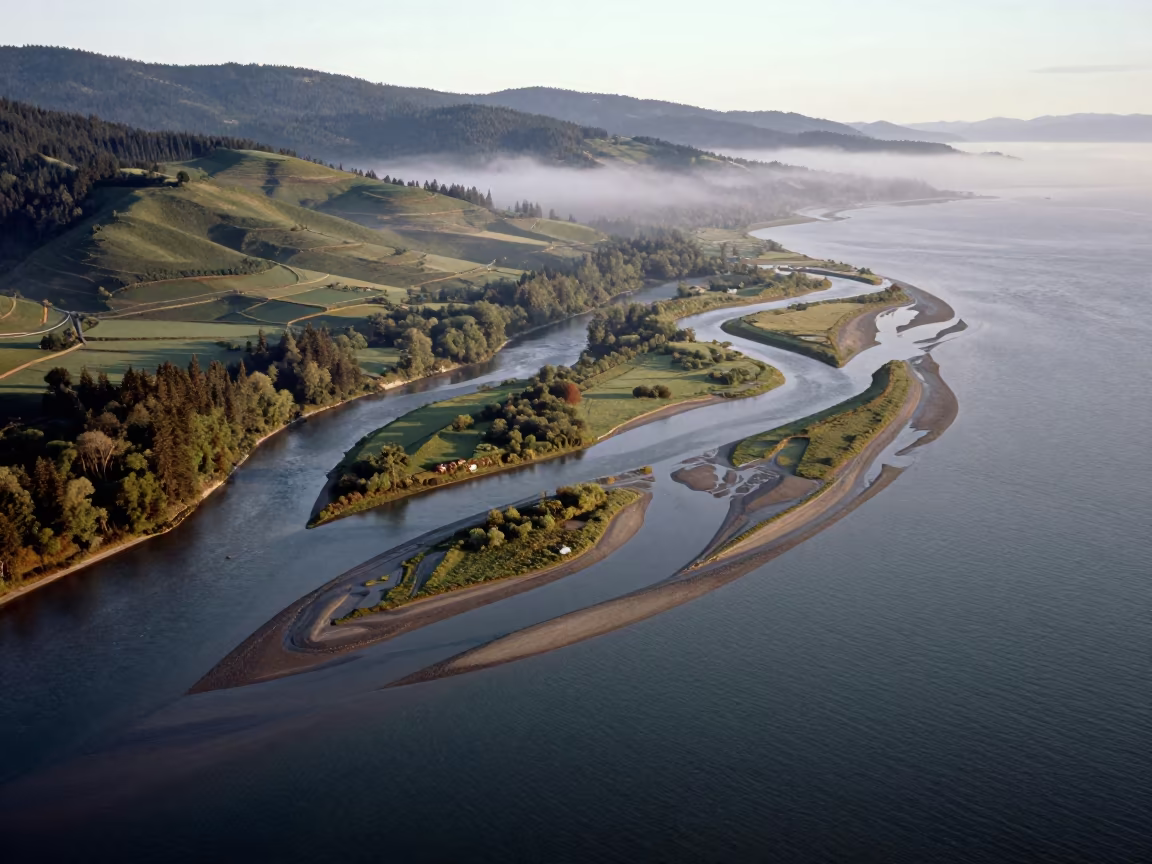 Braided Delta and Sea at Dawn Near Vancouver in far above terraced hillsides near Vancouver