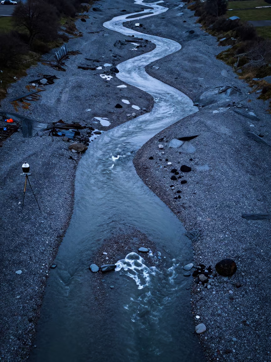 Braided Glacial River Aerial View England in high above irrigation geometry in England