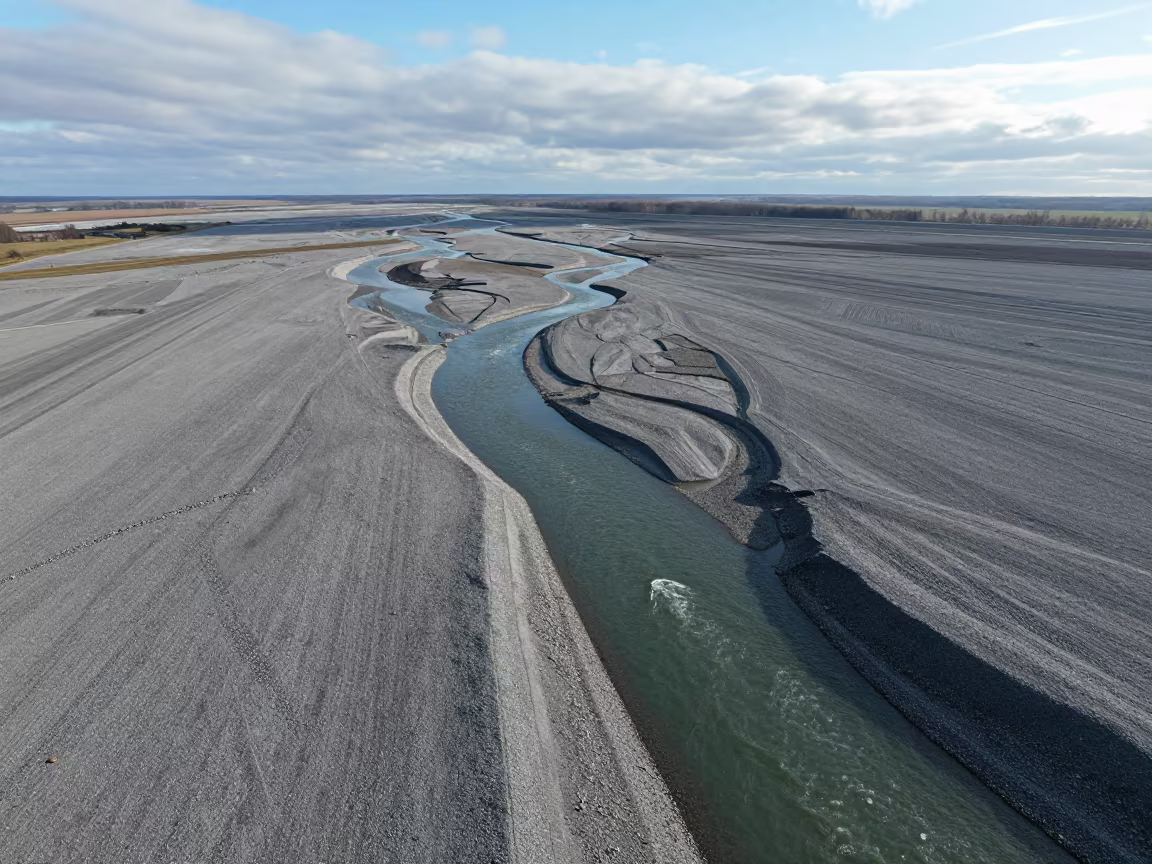 Braided Glacial River on Grey Gravel Aerial View in far above river meanders in Germany