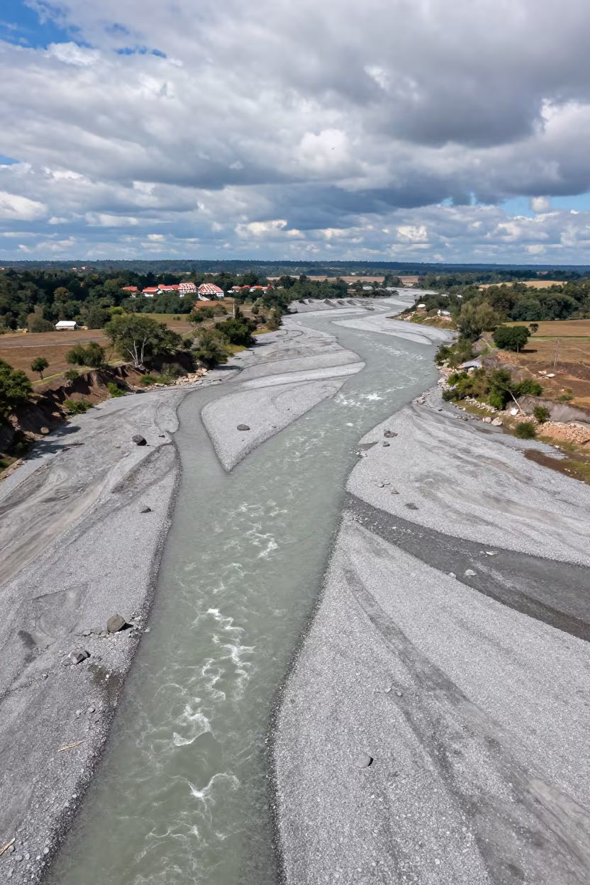 Braided Glacial River Over Grey Gravel in high above patterned rooftops near Osogbo