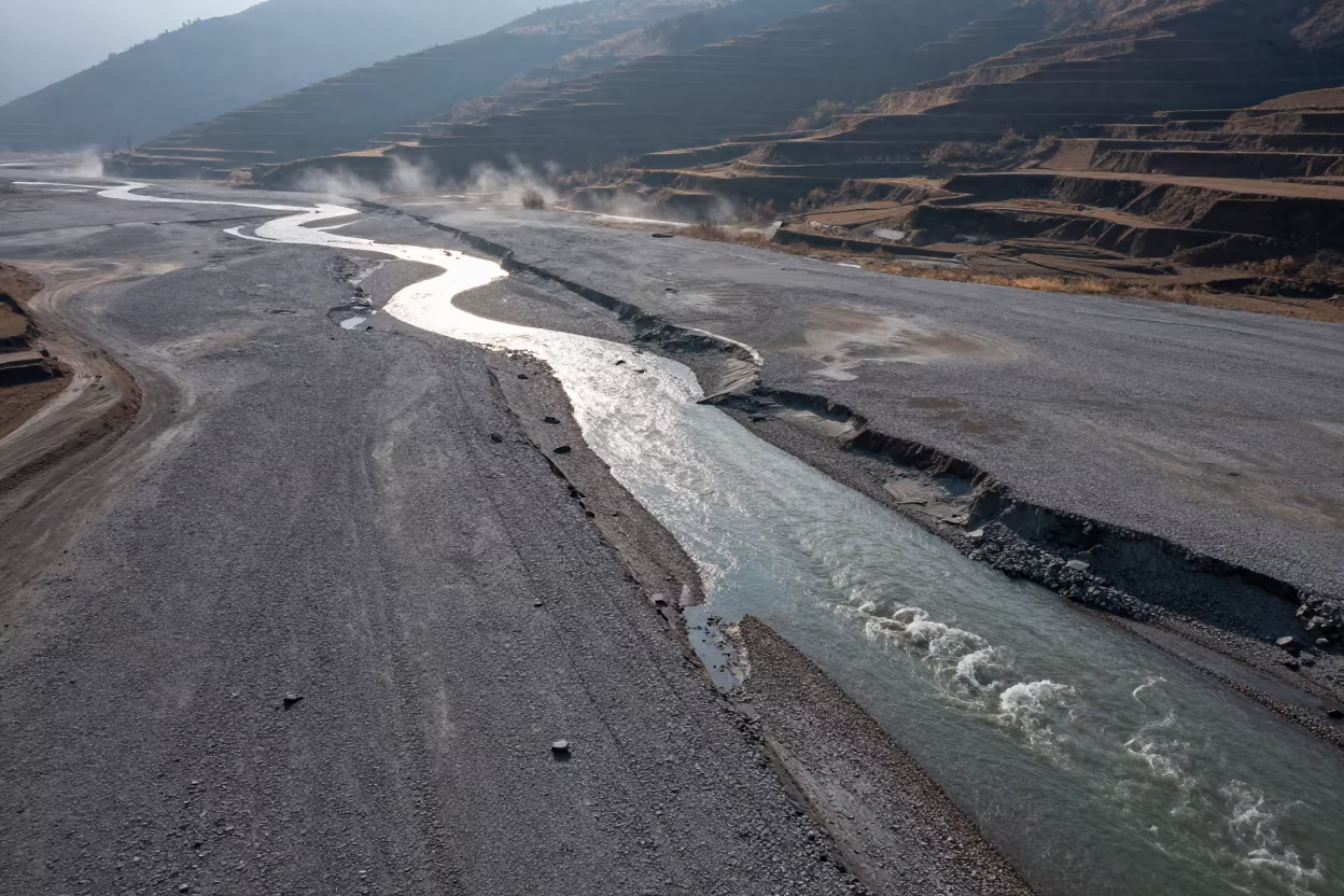 Braided Glacial Rivers Meghalaya Aerial View in far above terraced hillsides in Meghalaya