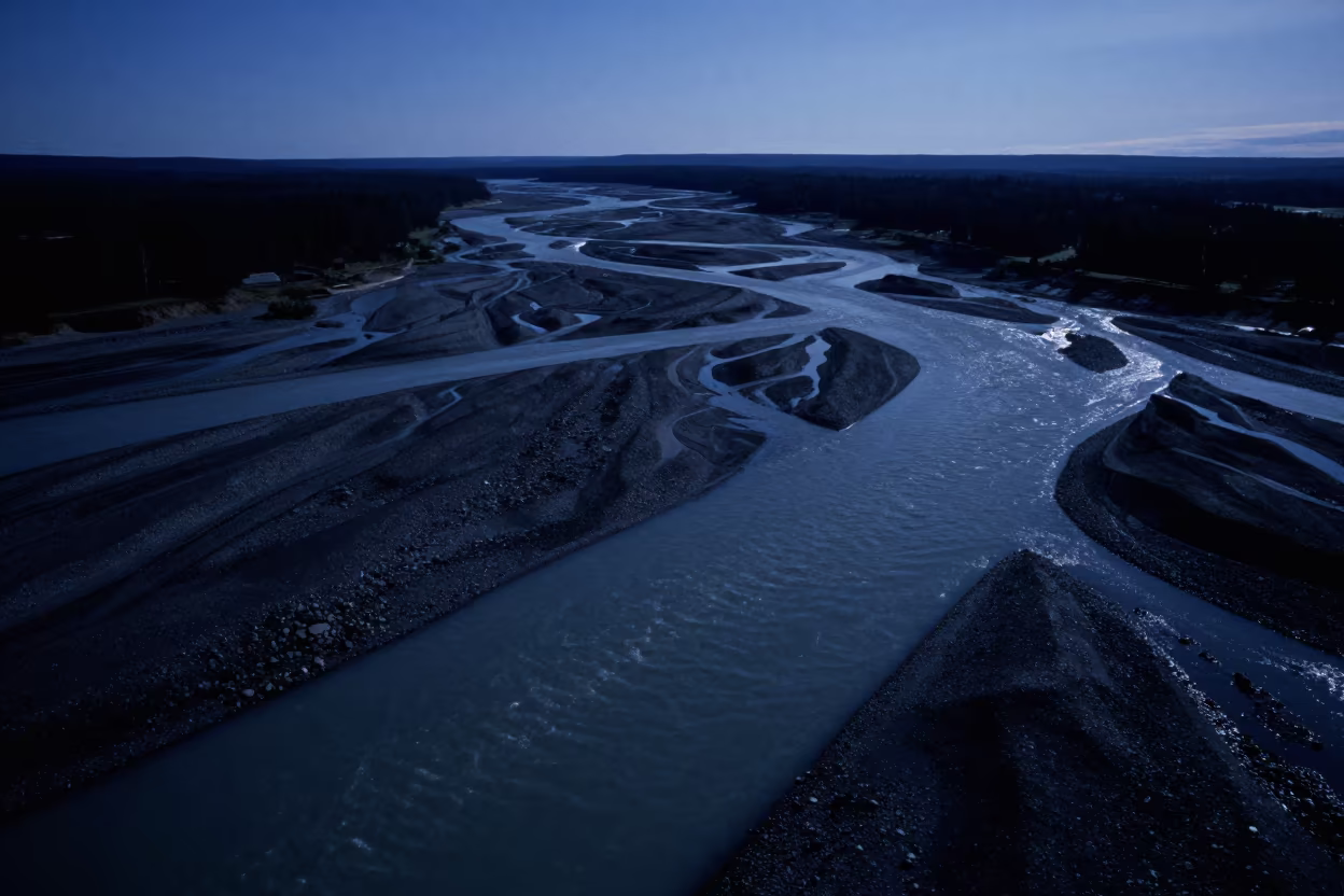 Braided Glacial Rivers Midnight Aerial View in near La Victoria