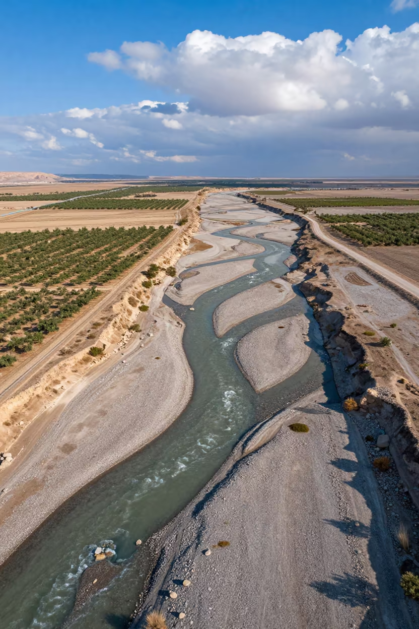 Braided Glacial Rivers Over Tripoli Flats in far above orchard blocks and irrigation lines near Tripoli