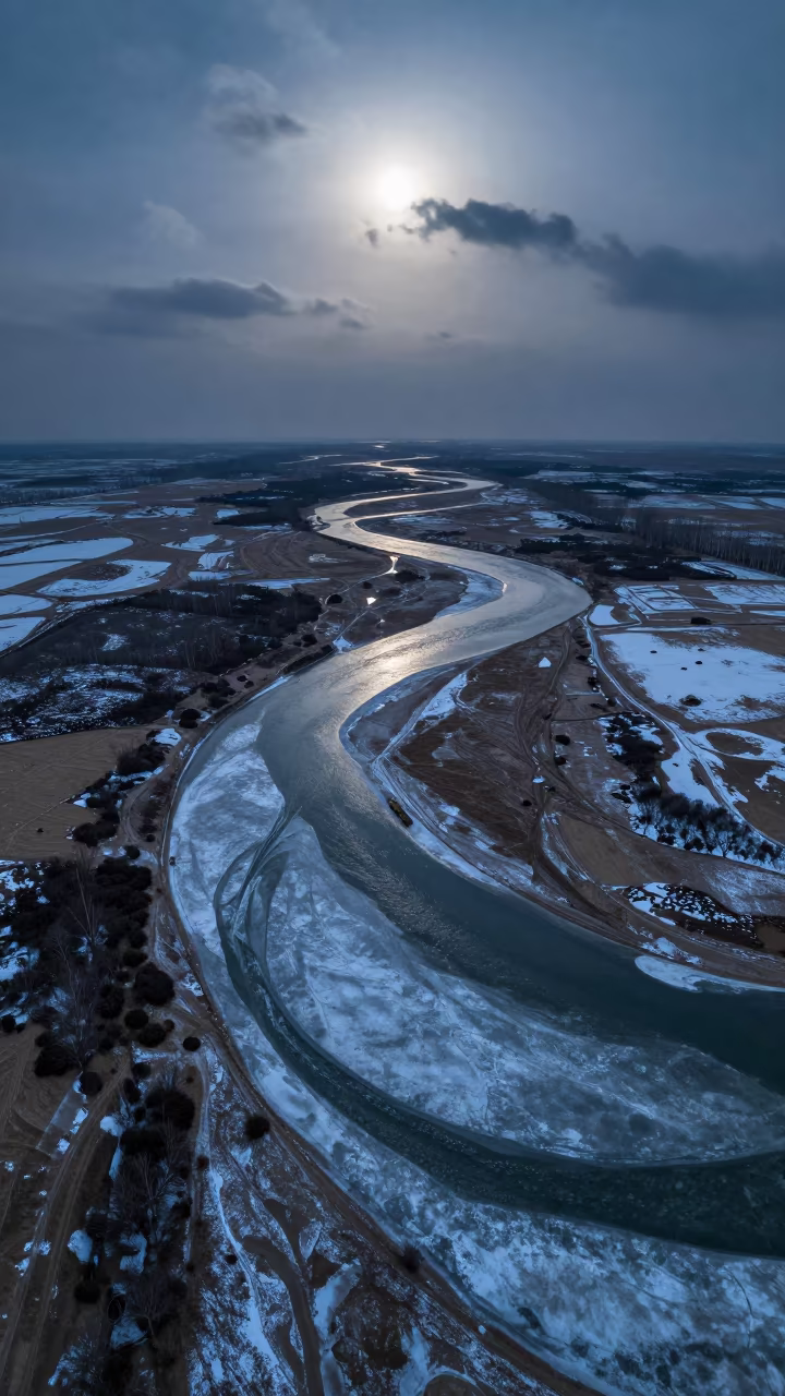 Braided River Delta Channels Under Midnight Moonlight Near Etah in high above braided river channels near Etah