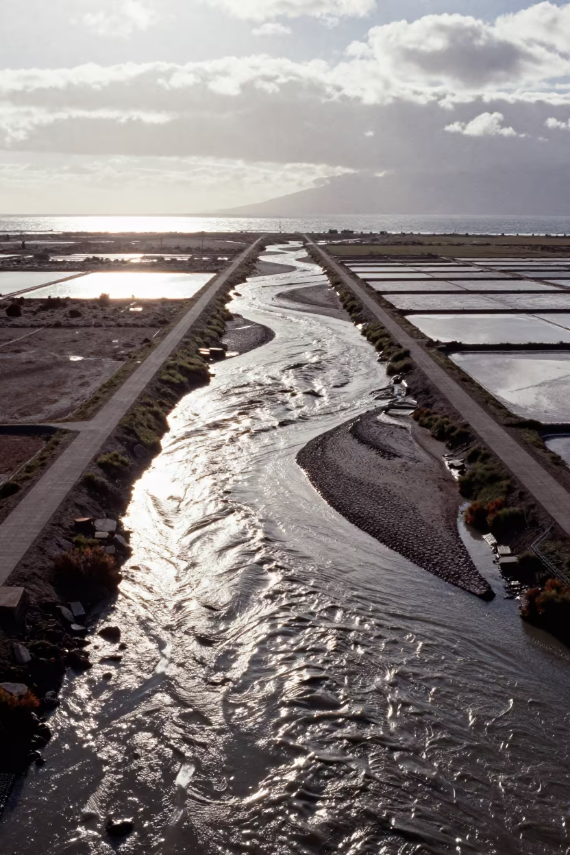 Braided River Glacial Silt Aerial View Cali in high over salt ponds and causeways near Cali