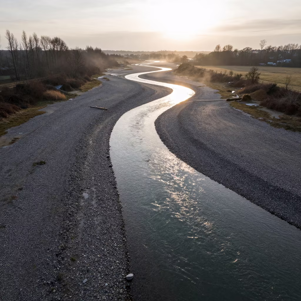 Braided River on Gravel Floodplain After Rain in across a floodplain after rain near Leipzig