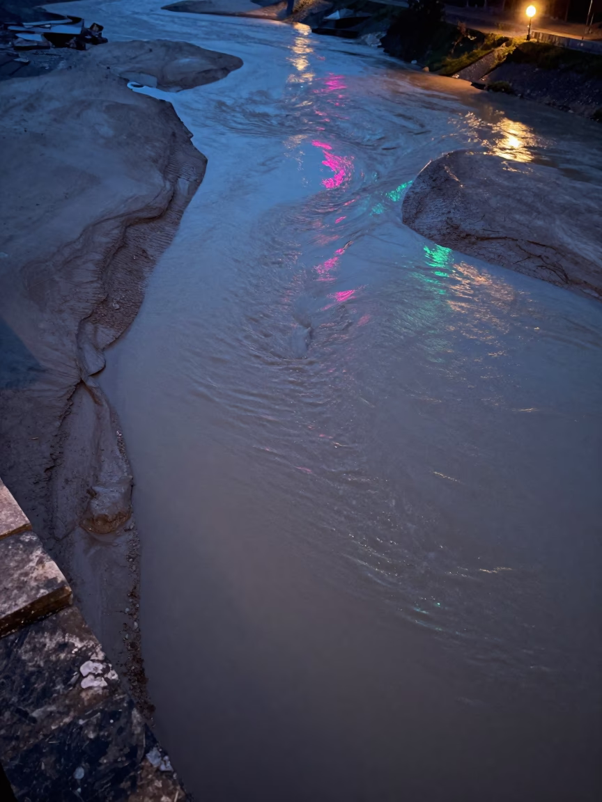Braided River Silt Ledge Evening Neon in on a stone ledge near Duékoué