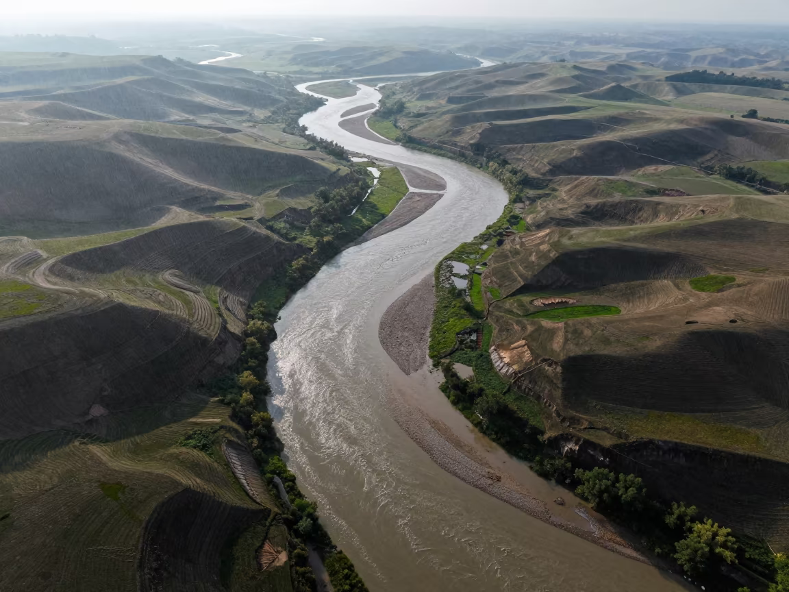 Braided River System Above Kansas Hills in far above terraced hillsides in Kansas
