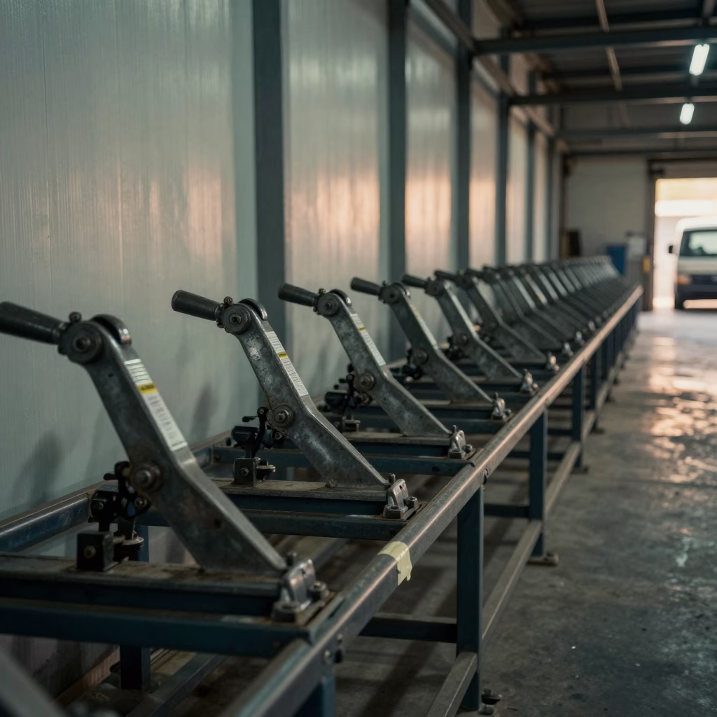 Brake Lever Row on Mumbai Sorting Belt at Dawn in at a parcel sorting belt in Mumbai