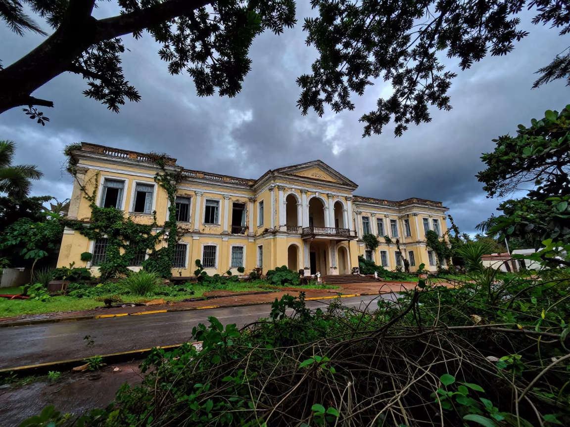 Bramble Overgrown Courthouse Annex at Night in among collapsed cloisters near Conakry