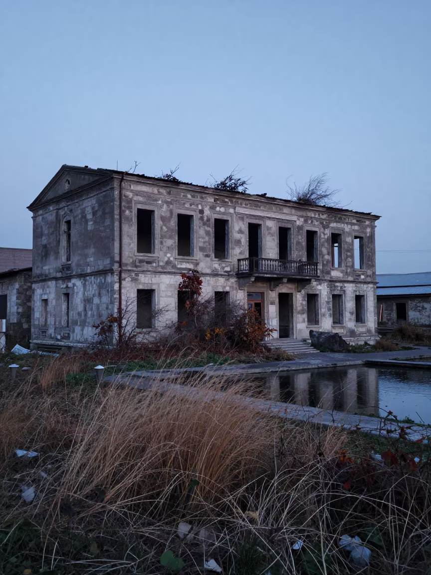 Brambled Courthouse Ruin at Blue Hour in through a courtyard reclaimed by grasses near Erzurum