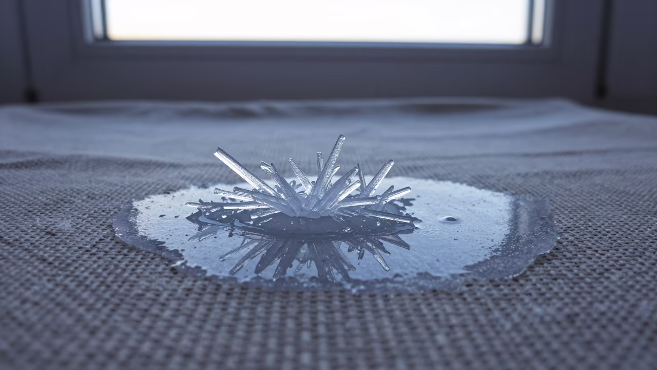 Branching Ice Crystals on Linen in Murmansk in against woven linen fibers in Murmansk