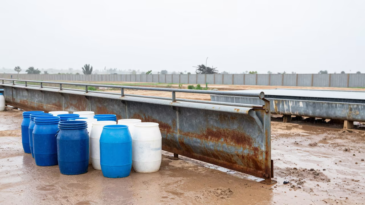 Branding chute beside stacked buckets in Tunisia in near a windbreak and water trough in Tunisia