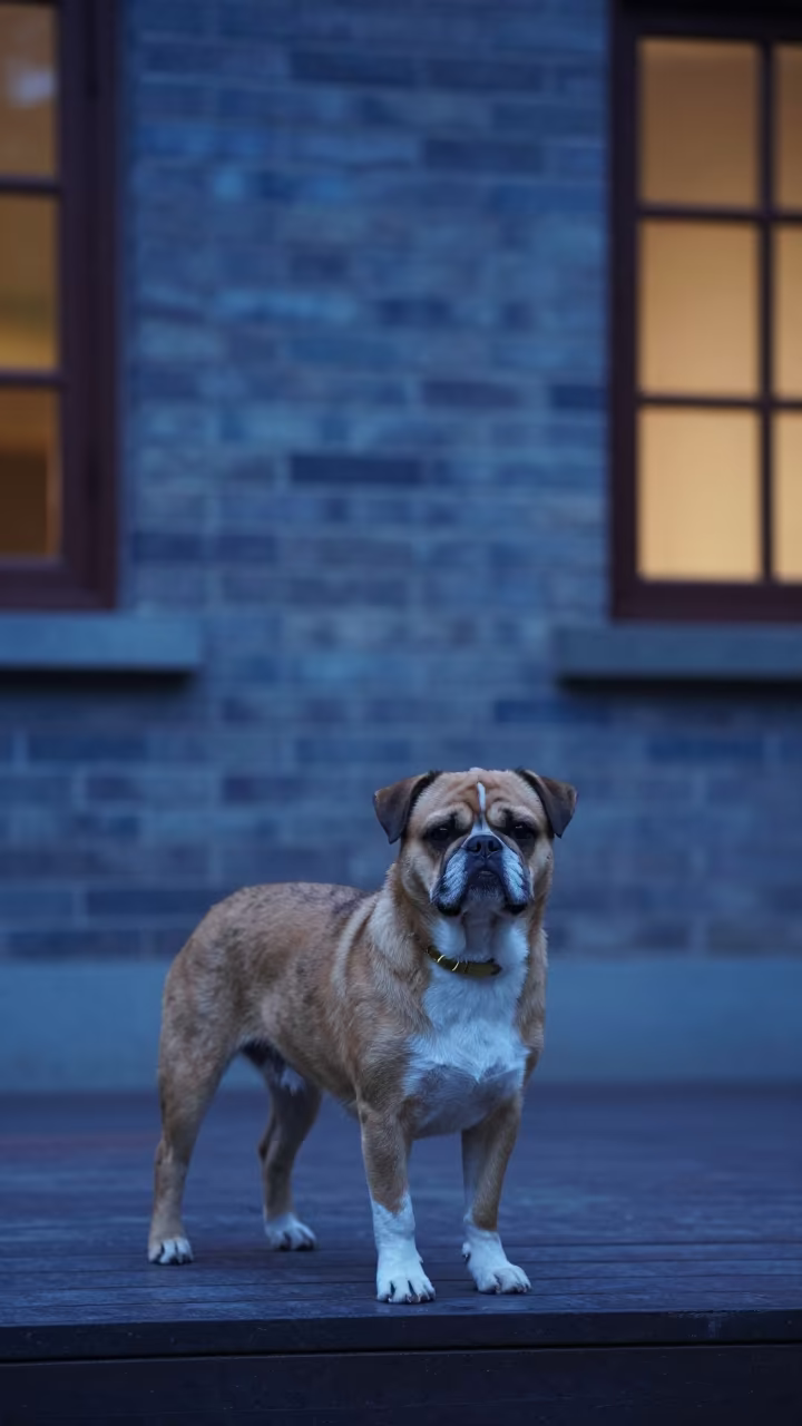Braque du Bourbonnais on shaded Hangzhou porch in beside a plain courtyard wall in clear daylight with the animal at eye level in Hangzhou