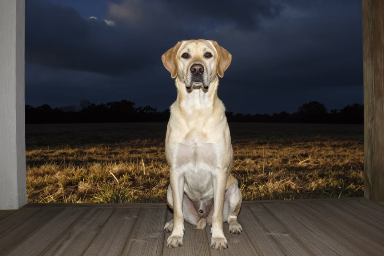 Braque du Bourbonnais on Shaded Midnight Porch in in a small yard with clipped grass, calm light, and the animal centered in frame near Spanish Town