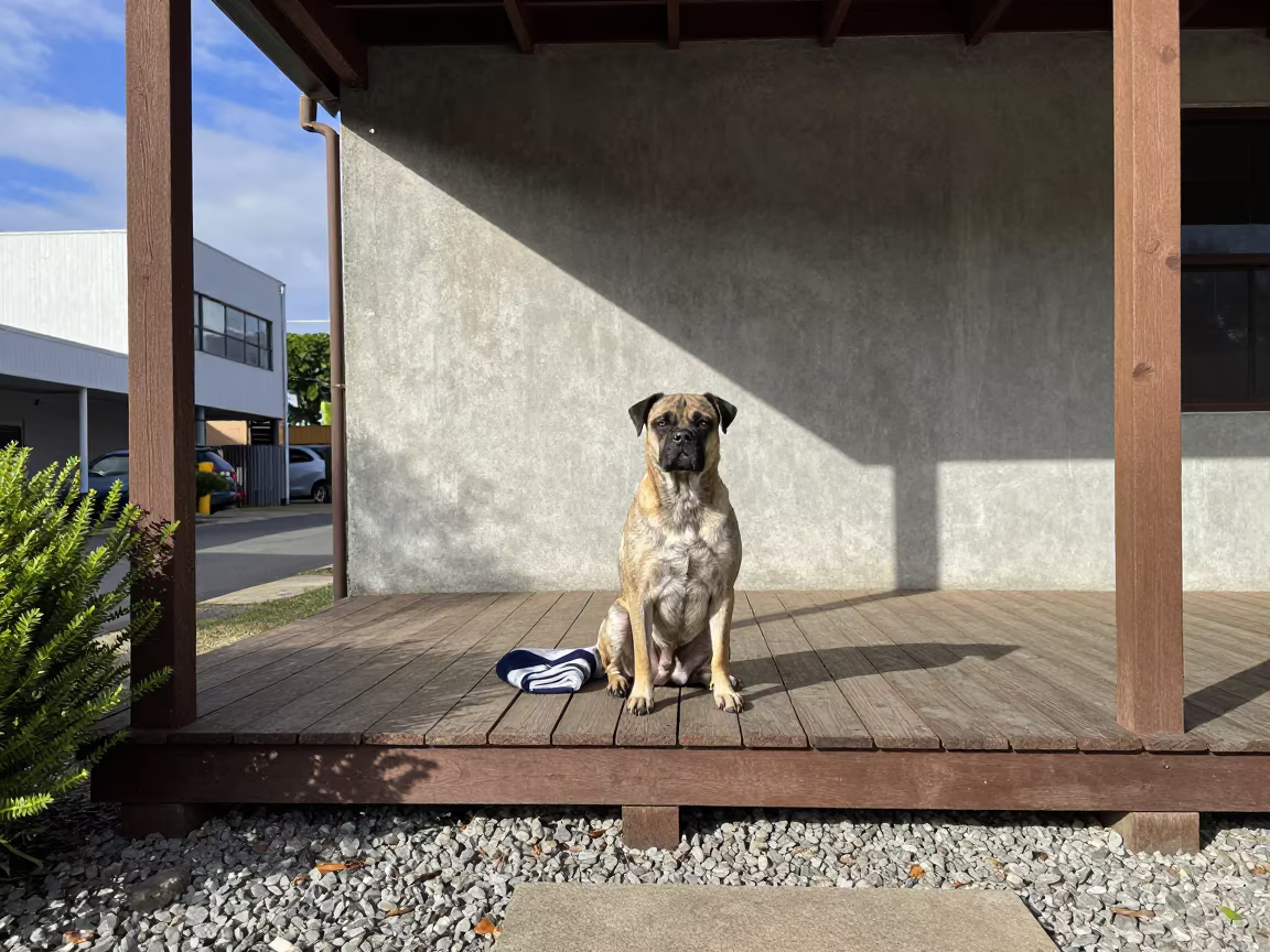 Braque du Bourbonnais on Shaded Porch in Honiara in beside a plain courtyard wall in clear daylight with the animal at eye level in Honiara