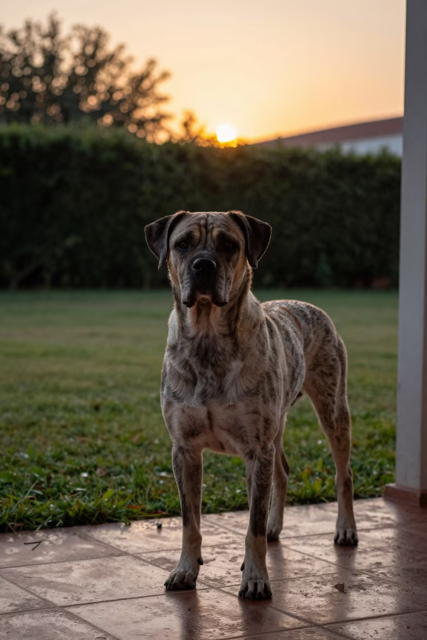 Braque du Bourbonnais on Shaded Porch Near Casablanca in in a small yard with clipped grass, calm light, and the animal centered in frame near Habous, Casablanca