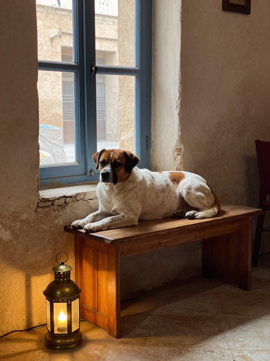 Braque du Bourbonnais on Window Seat in Umm Qasr in on a window seat in a quiet apartment with soft side light near Umm Qasr