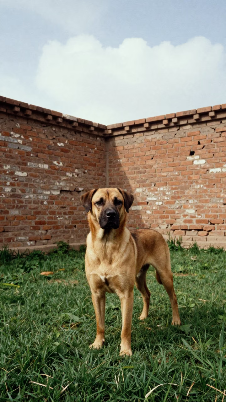 Braque du Bourbonnais Portrait in Late Spring Yard in in a small yard with clipped grass, calm light, and the animal centered in frame in Mandi Bahauddin