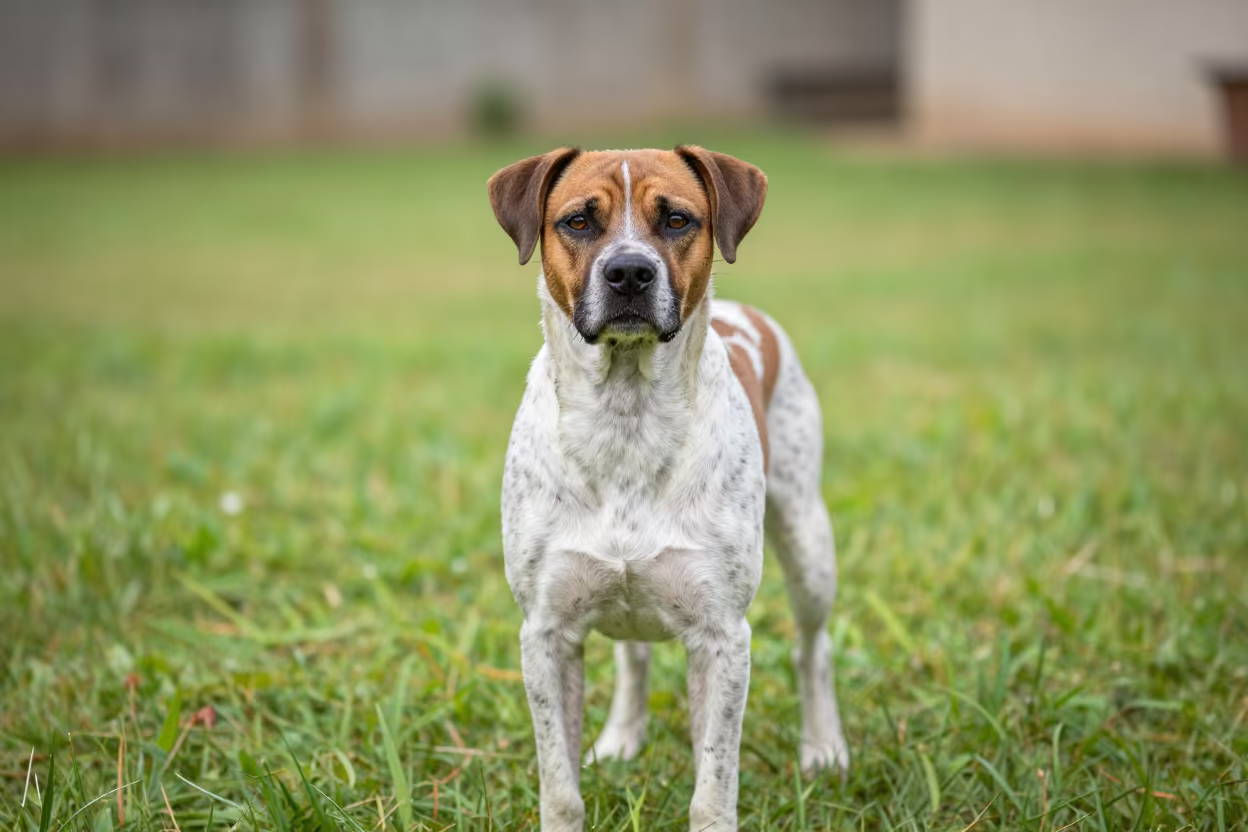 Braque du Bourbonnais Portrait in Mwanza Yard in in a small yard with clipped grass, calm light, and the animal centered in frame in Mwanza