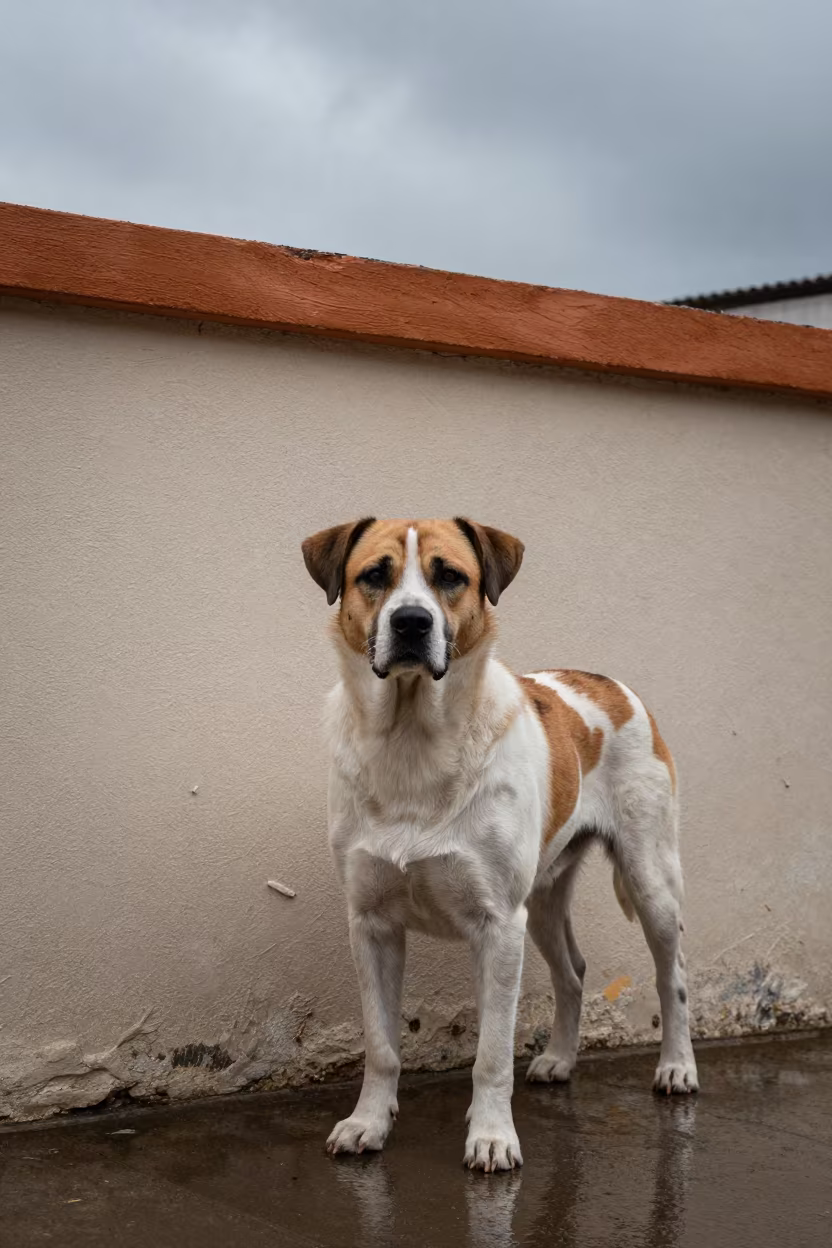 Braque du Bourbonnais Portrait in San Pedro in beside a plain courtyard wall in clear daylight with the animal at eye level near San Pedro de Macorís