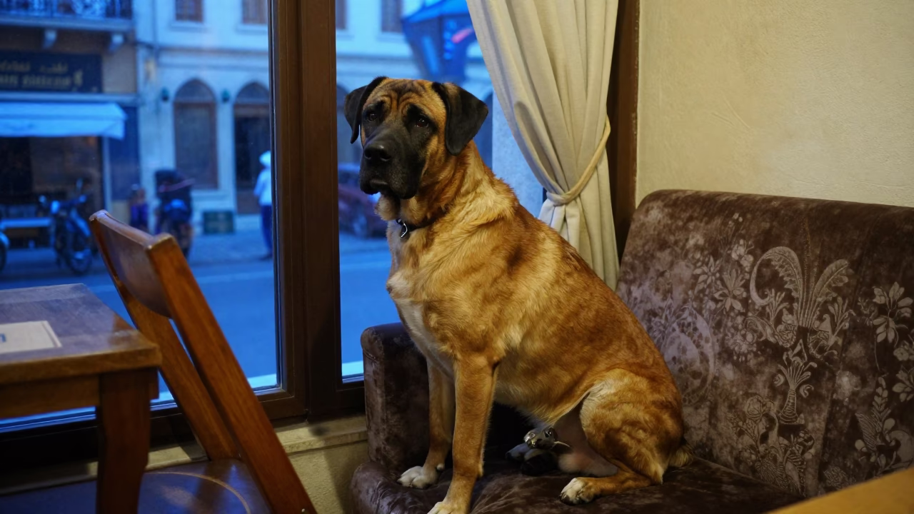Braque du Bourbonnais Portrait Near Hamra Beirut Window in on a sofa near a curtained window with calm indoor light near Hamra, Beirut