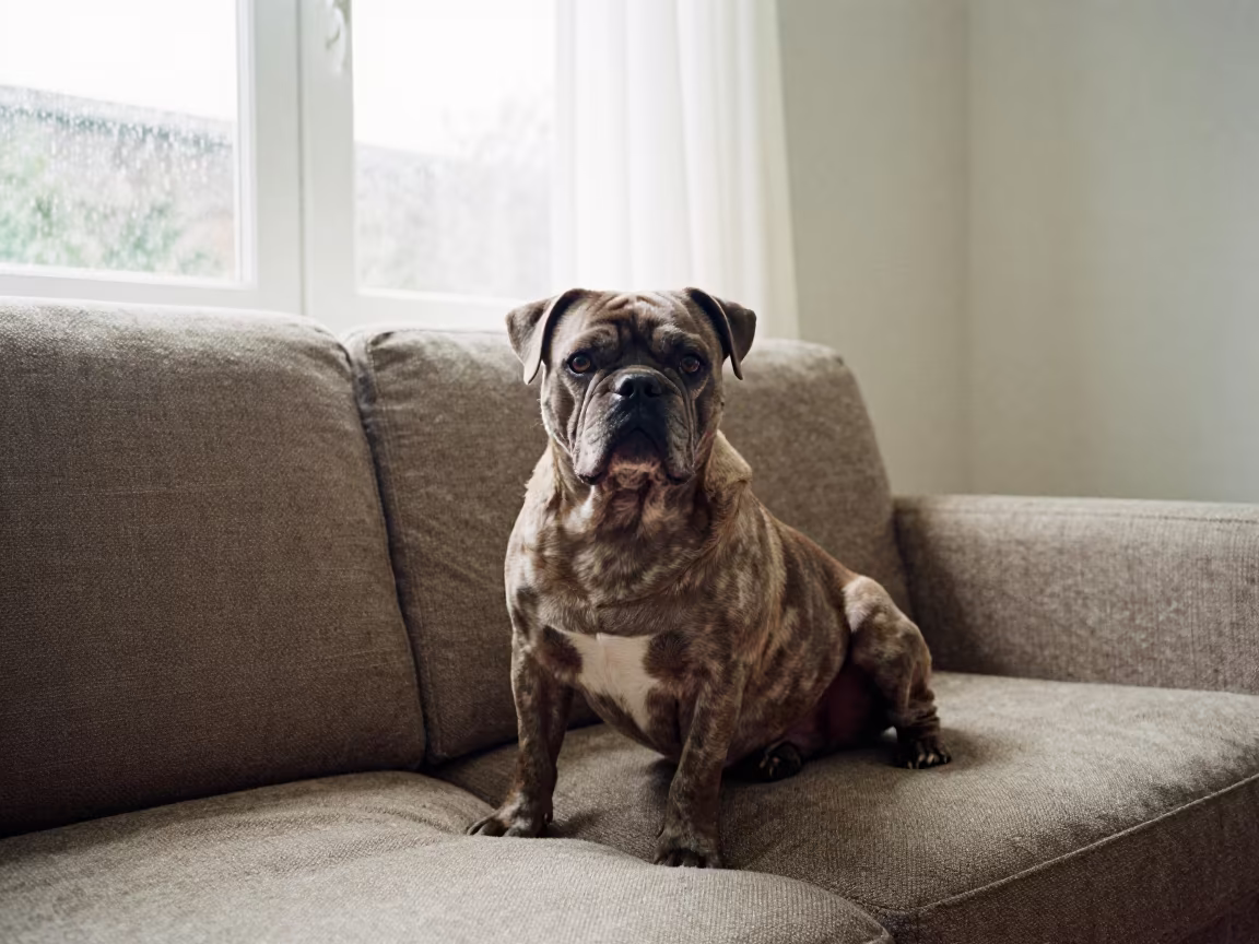 Braque du Bourbonnais Portrait on Sofa in on a sofa near a curtained window with calm indoor light near Pucallpa