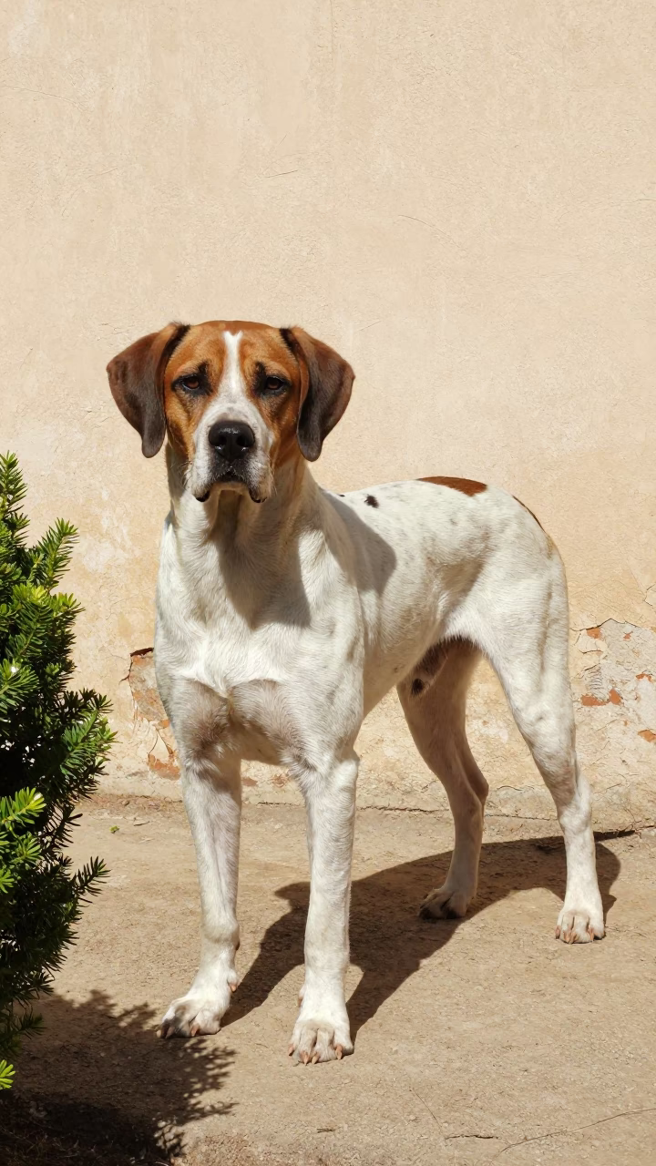 Braque du Bourbonnais Portrait Satna Courtyard in beside a plain courtyard wall in clear daylight with the animal at eye level in Satna