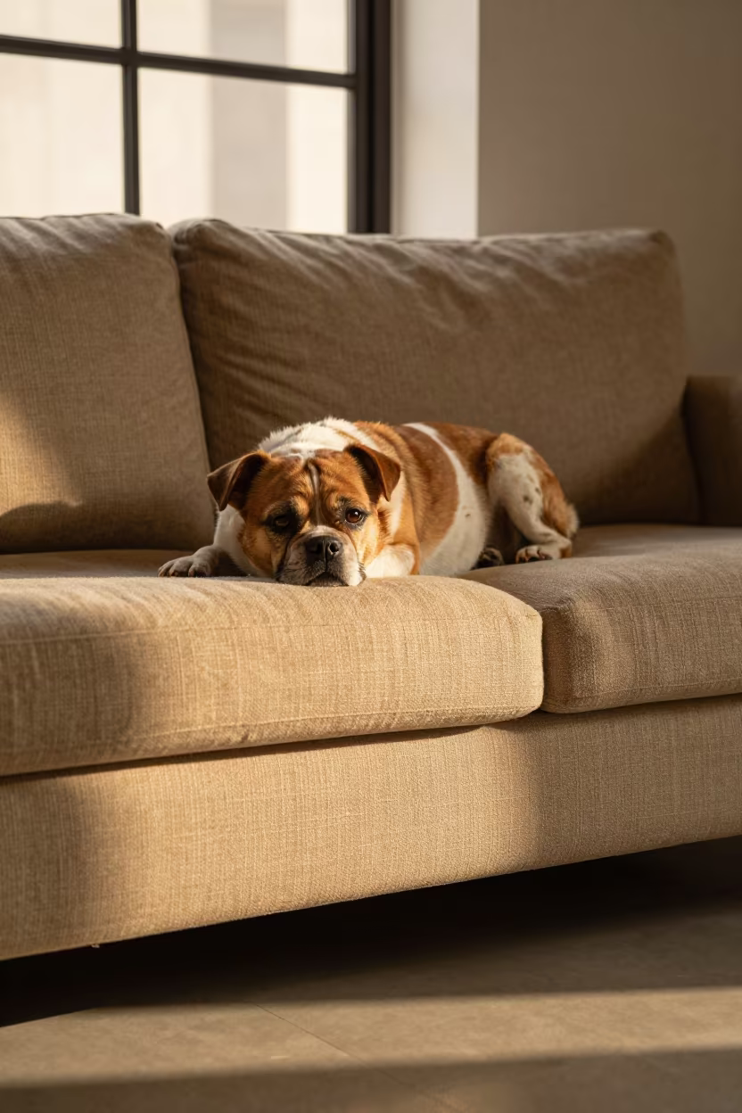 Braque du Bourbonnais Resting on Linen Sofa in on a linen sofa with daylight from a nearby window in São Paulo