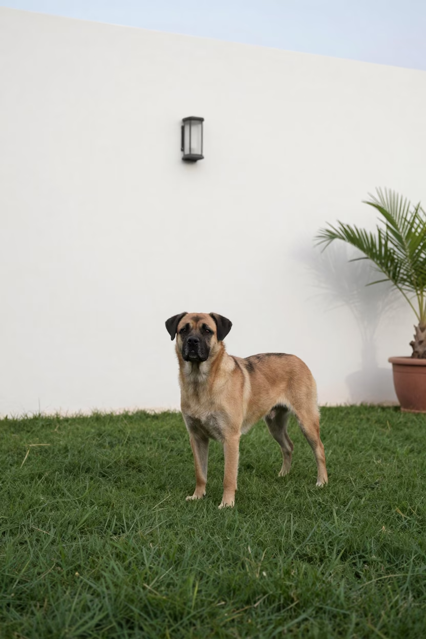 Braque Francais Pyrenean in Riyadh Yard in in a small yard with clipped grass, calm light, and the animal centered in frame near Riyadh