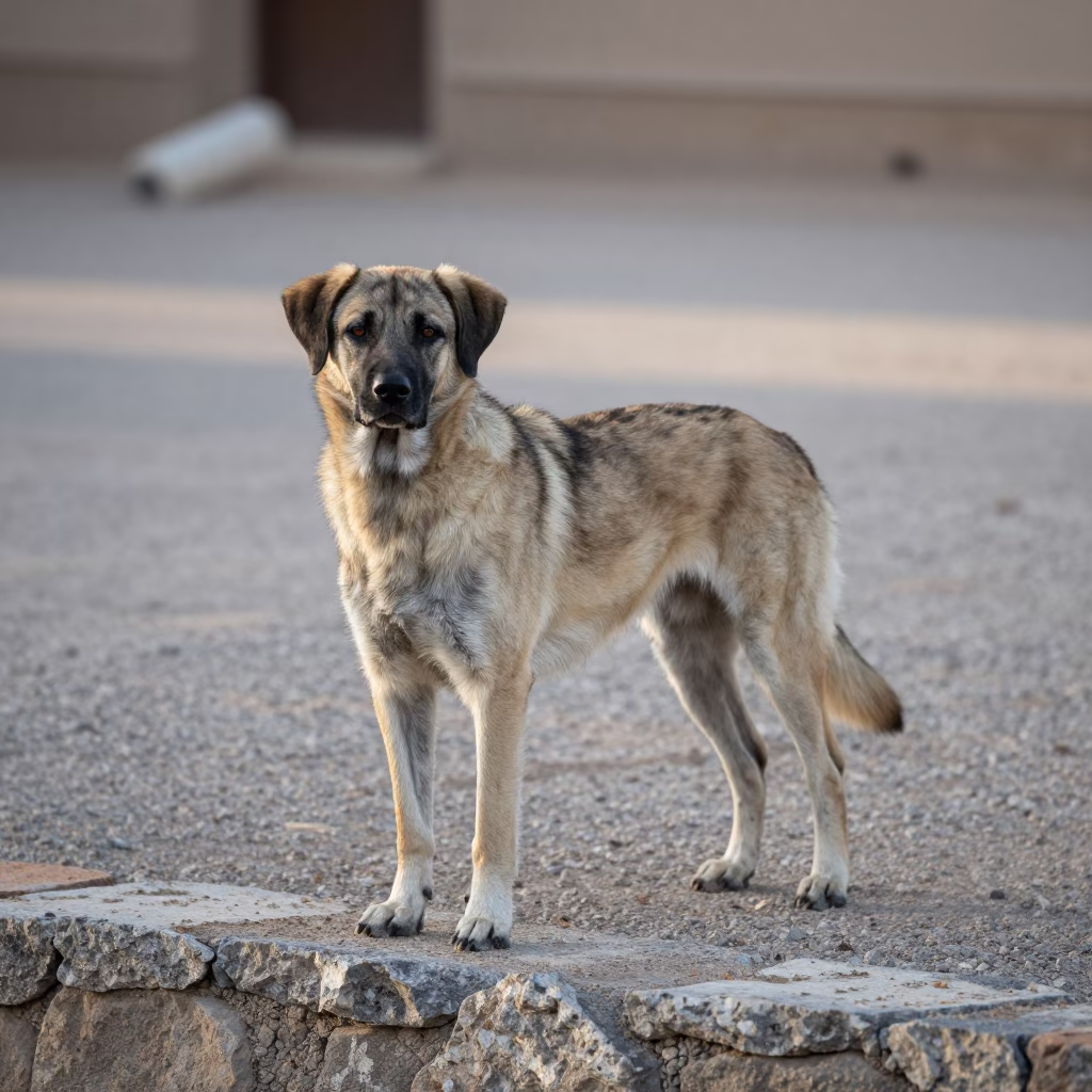 Braque Francais Pyrenean in Temara Yard in along a quiet park path with soft open shade and a clean background near Temara