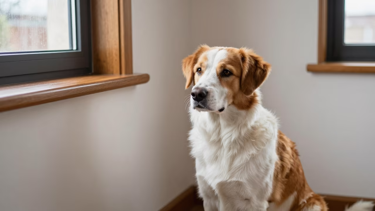 Braque Francais Pyrenean Portrait in Surabaya Room in beside a plain plaster wall in soft indoor light with the animal centered in frame in Surabaya
