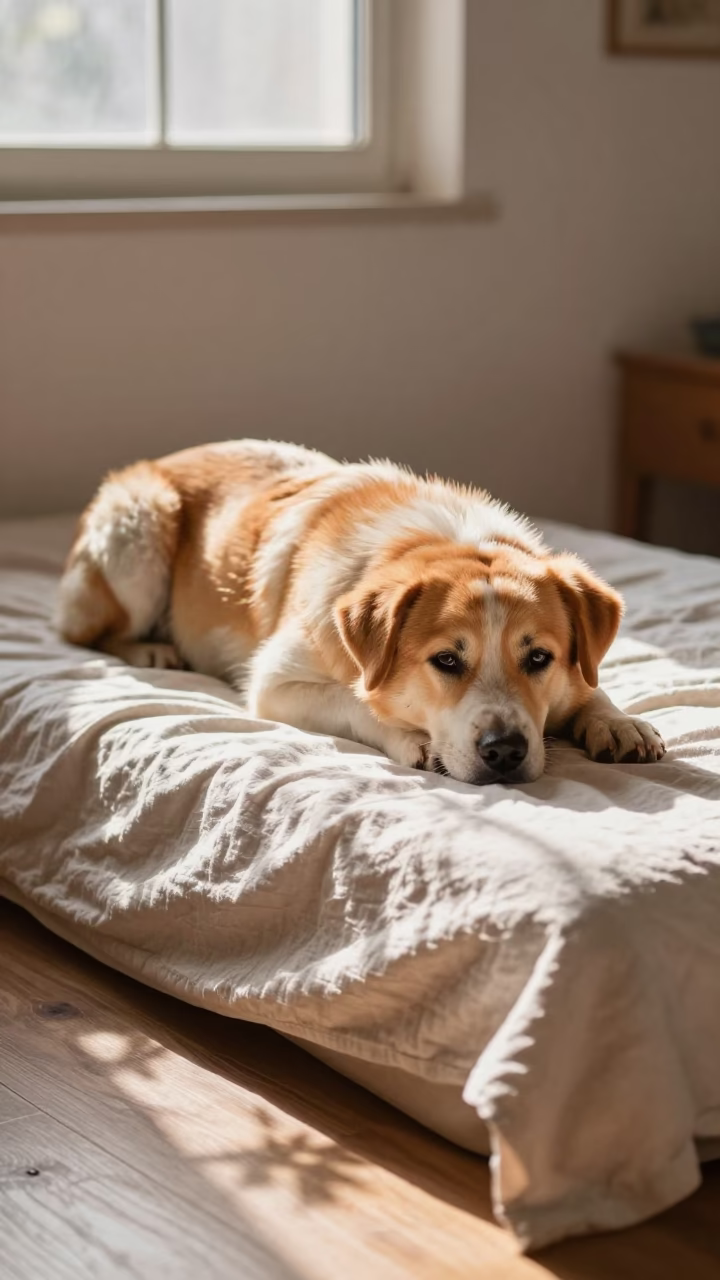 Braque Francais Pyrenean Resting on Bedspread Near Window in on a bedspread near a bright window with calm indoor light near Ahmedabad